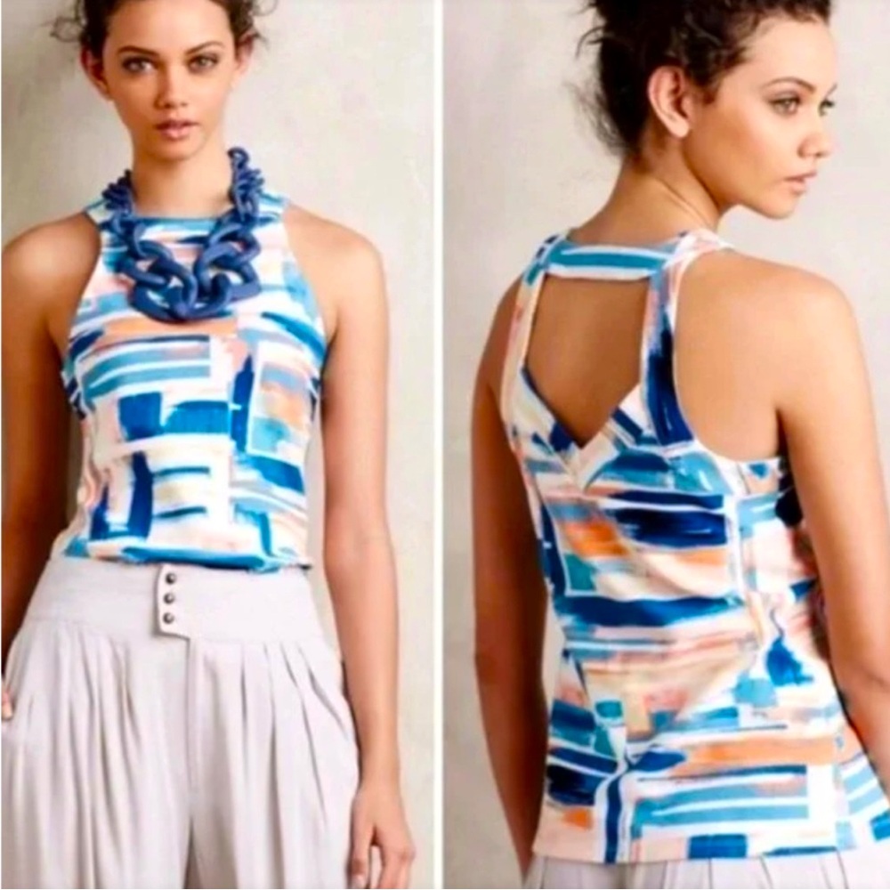 Anthropologie Deletta Top with Watercolor Geometric Pattern